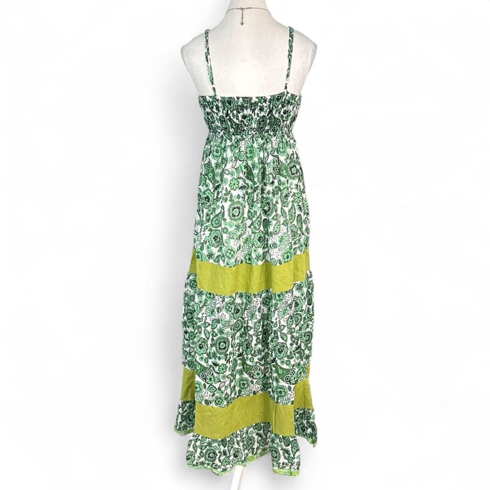 Tropical Summer Fairy core Green and white floral maxi dress yellow band size M - Picture 2 of 7